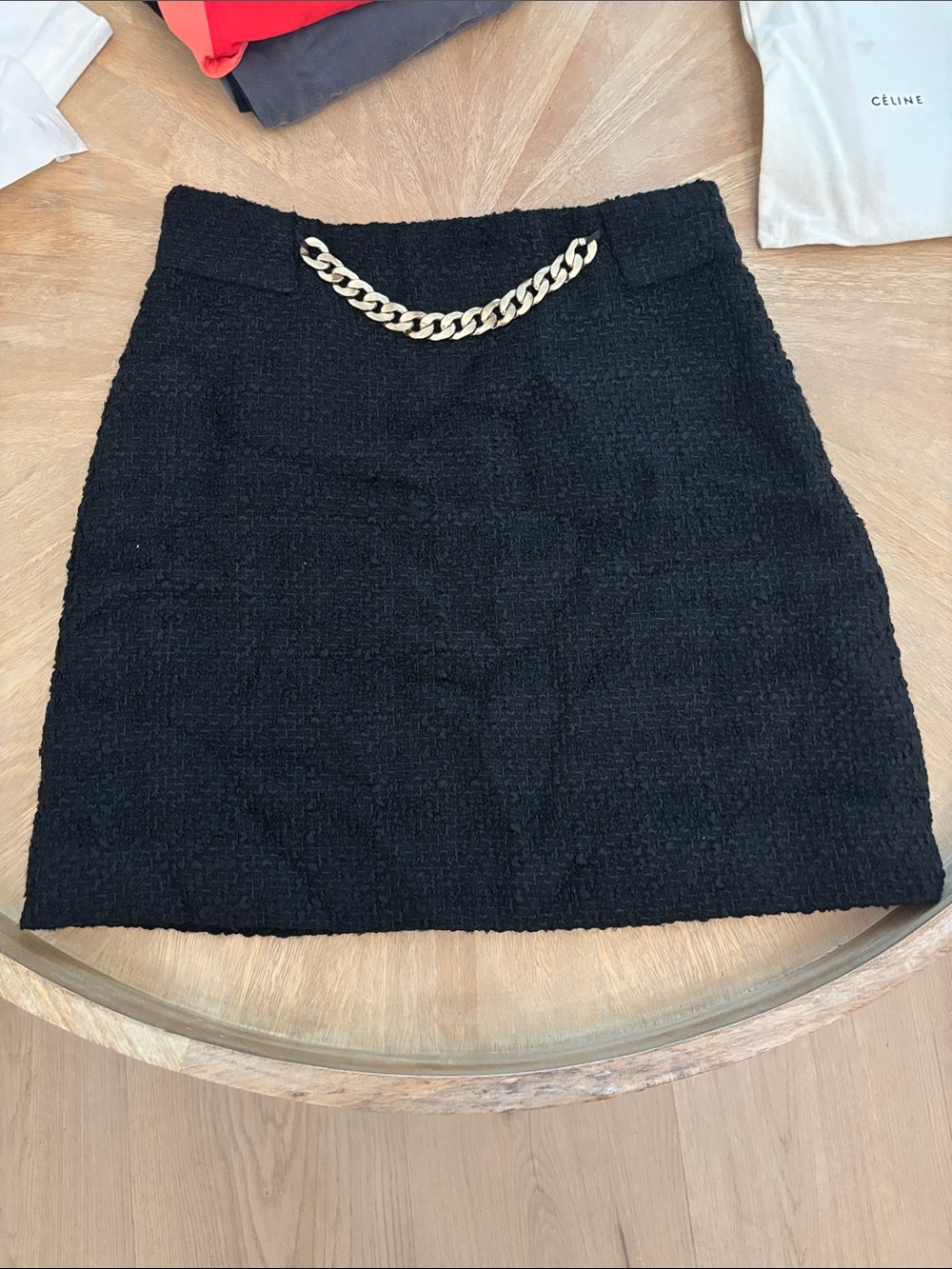 Mango Black Bouclé Mini Skirt with Gold Chain
